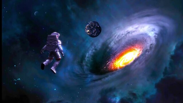 Graphic image of an astronaut standing and watching a meteorite hurtle towards the galaxy.