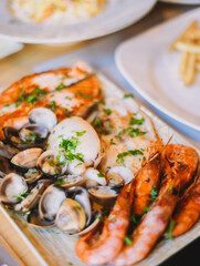 Grilled seafood in a Mediterranean restaurant