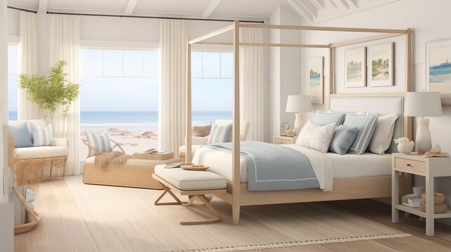 Coastal-inspired Bedroom with Soft Sand Beige Walls and Seaside Serenity Design a coastal-inspired bedroom with soft sand beige walls