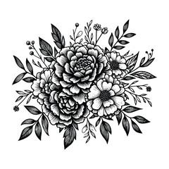 black and white flowers hand drawn vector illustration isolated white background