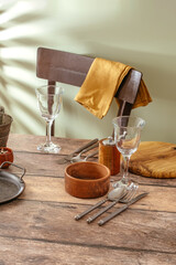kitchen table with dishes and accessories