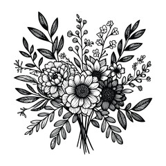 black and white flowers hand drawn vector illustration isolated white background
