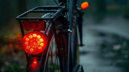 Red illuminated bicycle tail light. - obrazy, fototapety, plakaty