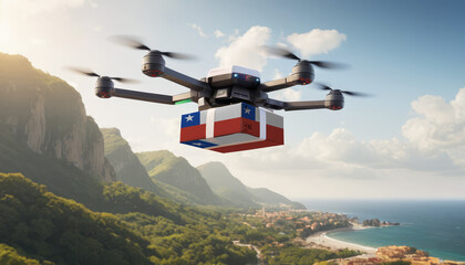 Technological shipment innovation in Chile - drone fast delivery concept, multicopter flying with cardboard box with flag Chile above city