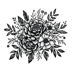 black and white flowers hand drawn vector illustration isolated white background