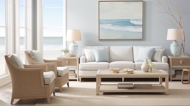 Contemporary Coastal-inspired Living Room with Soft Gray-blue Walls and Beachside Sophistication Design a contemporary coastal-inspired living room with soft gray-blue walls