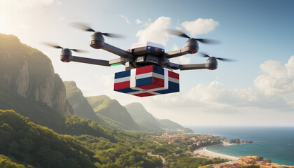 Technological shipment innovation in Dominican Republic - drone fast delivery concept, multicopter flying with cardboard box with flag Dominican Republic above city - obrazy, fototapety, plakaty