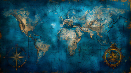 An old map of the world with a compass. The map is blue and gold.
