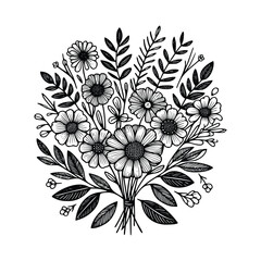 black and white flowers hand drawn vector illustration isolated white background