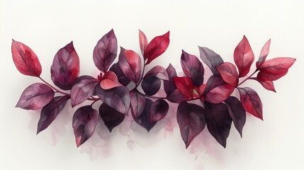 Watercolor red-purple leaves on a white background