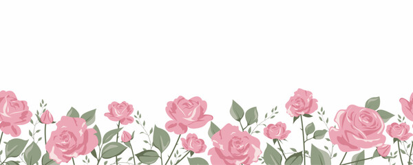 Floral border seamless pattern. Cute horizontal banner with hand drawn blooming roses. Vector illustration on white background