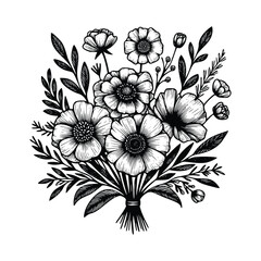 black and white flowers hand drawn vector illustration isolated white background