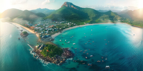  an aerial view of a fishing village and beach, - obrazy, fototapety, plakaty