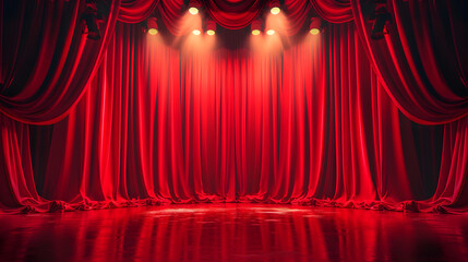 A red stage curtain with a spotlight shining on it.