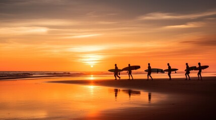 Silhouette Of surfer people carrying their surfboard 