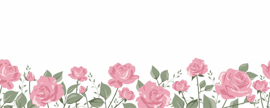 Floral border seamless pattern. Cute horizontal banner with hand drawn blooming roses. Vector illustration on white background
