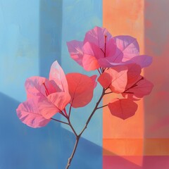 Bright pastel floral background. Colorful spring bougainvillea on orange and blue background. Happy, positive emotions, sun, beautiful nature. Generative AI