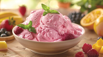 Savor the taste of summer with Summer Berries Gelato Ice Cream, featuring a bowl filled with luscious berry and vanilla gelato, complemented by the vibrant flavors of fresh berries and mint.