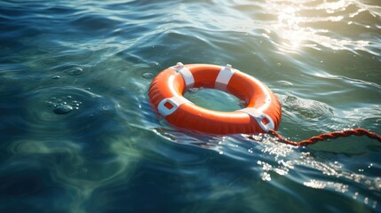 Life buoy floating on the sea. Generative ai - obrazy, fototapety, plakaty