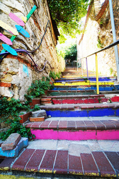 Street with Colorful Stairs in Fener District, Turkey, Balat in Istanbul