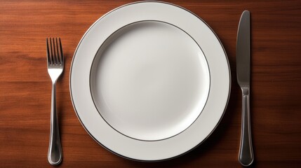 Empty plate with fork and knife top-down view on wooden table. Generative ai
