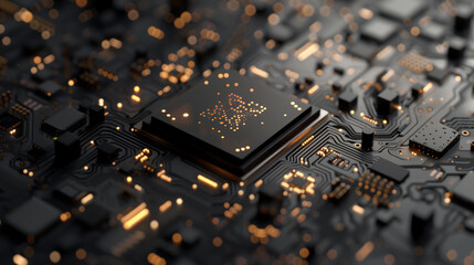 Macro view of a powerful microchip processor at the heart of a complex electronic circuit, showcasing the intricacies of modern computing technology.