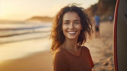 woman with surfboard, relaxing,Smiling woman holding surfboard standing at beach  - Powered by Adobe