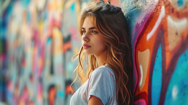 A young woman is painting graffiti on the wall. Colorful graffiti on the wall.