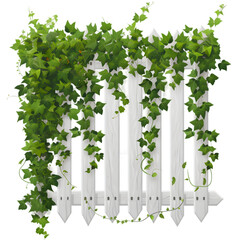 white wooden fence overgrown with weaving green ivy leaves, png file of isolated object on transparent background 