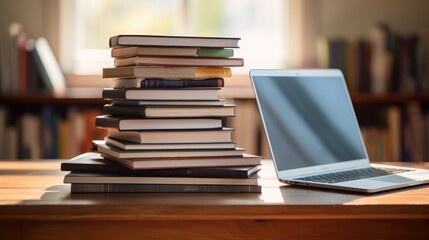 concept study,Stack of books with laptop on wooden table 