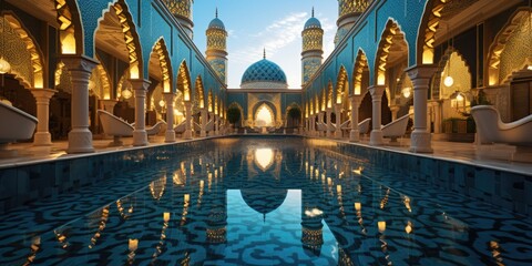 modern mosque and swimming pool - obrazy, fototapety, plakaty