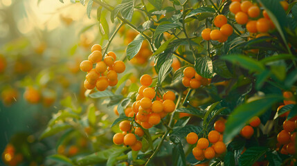 Round orange fruits hanging from branches.