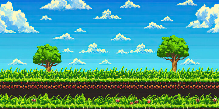 Grass field background, video game retro graphics background, level design trees green grass, vintage style scrolling platform levels, generated ai