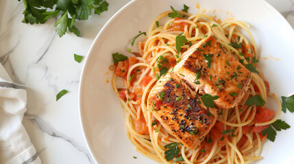 Salmon fillet served with creamy tomato.