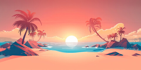 Fototapeta na wymiar Video game beach, retro graphics beaches sand ocean vintage style, gaming background, game backdrop, generated ai