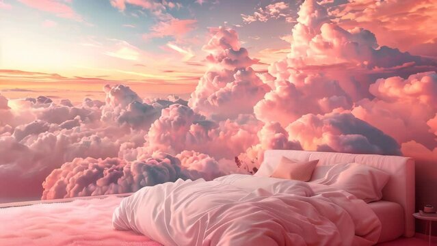 Fantasy bedroom design with floating clouds, dreamy escape conceptual composition