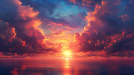 Fototapeta premium A breathtaking sunset paints the sky with vivid red and orange hues, casting a warm glow over the calm ocean horizon.