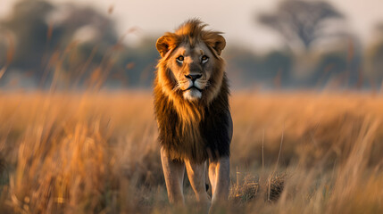 A lion stands in a golden field of grass, with trees in the background.