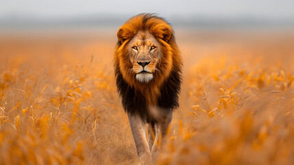 A lion stands in a golden field of grass, with trees in the background.