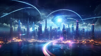 Obraz premium A futuristic cityscape with sleek skyscrapers rising above a network of illuminated highways, set against a starry night sky.