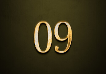 Old gold effect of 09 number with 3D glossy style Mockup.	