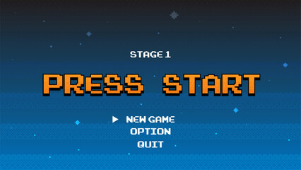 PRESS START .pixel art .8 bit game.retro game. for game assets in vector illustrations.Retro Futurism Sci-Fi Background. glowing neon grid.and stars from vintage arcade comp