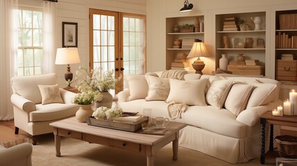 Cozy Cottage-inspired Living Room with Soft Beige Walls and Vintage Accents Create a charming and cozy cottage living room with soft beige walls that exude warmth and comfort