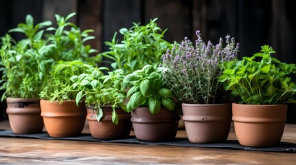 Fototapeta na wymiar A group of aromatic herbs in small pots, suitable for culinary and wellness concepts.