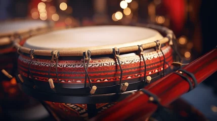 Fotobehang A Chinese drum, large Chinese drum, drummer, huge pile, drumstick. © Phoophinyo