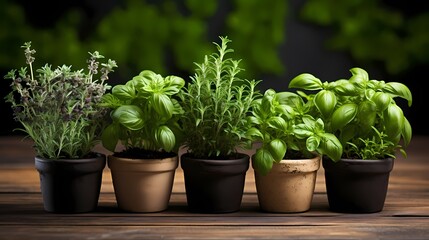 A group of aromatic herbs in small pots, suitable for culinary and wellness concepts.