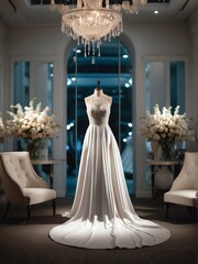 Beautiful white formal dress gown with spotlight in middle of a luxurious bridal shop setting from Generative AI