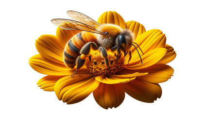 Realistic bee close up on a yellow flower - obrazy, fototapety, plakaty