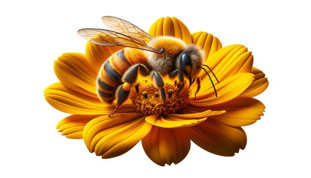 Realistic bee close up on a yellow flower