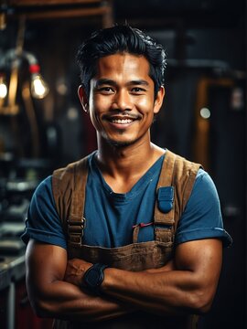 Plumber or electrician filipino guy with arms crossed smiling at camera from Generative AI